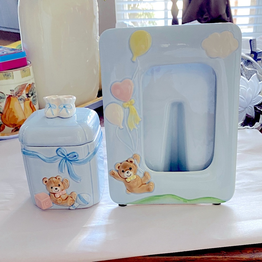 Vintage Baby Jar and Picture Frame. Sweet decorations with bear and accents. EC